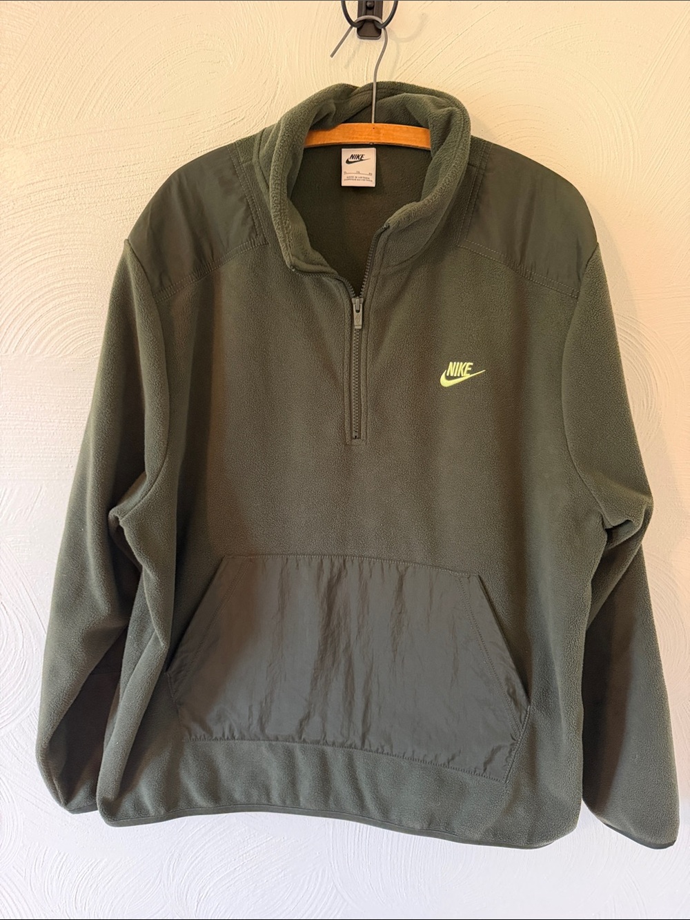 Nike Men's Olive Green Quarter-Zip Fleece Pullover with Neon Logo. Size XL.
